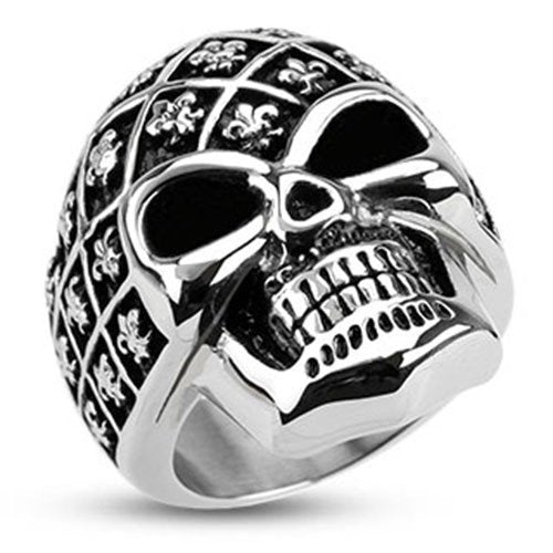 Stainless Steel Fleur De Lis Pattern Decorated Skull Wide Cast Ring ...