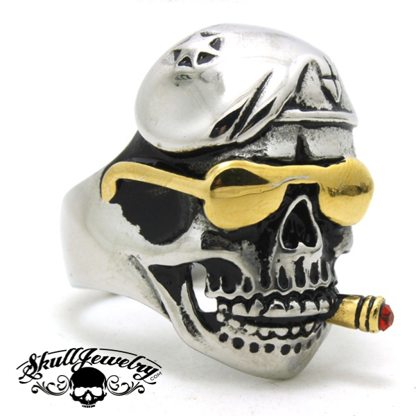 “Don’t Tread on Me” – Damn Yankees Skull Ring with Gold Sun Glasses & Cigar (#410) Size 10