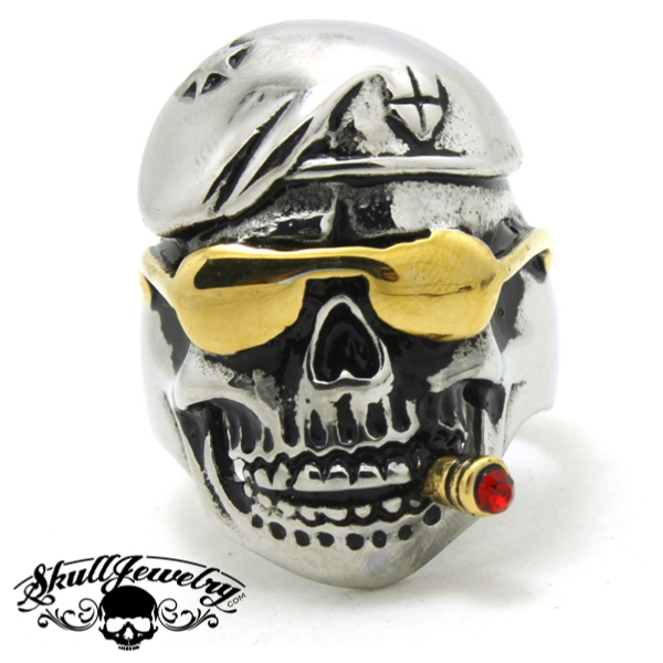 “Don’t Tread on Me” – Damn Yankees Skull Ring with Gold Sun Glasses & Cigar (#410) Size 10