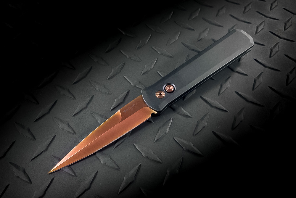 Protech Knives Godfather Automatic Knife Spear Point Rose Gold Blade w/ Black Handles 921RG