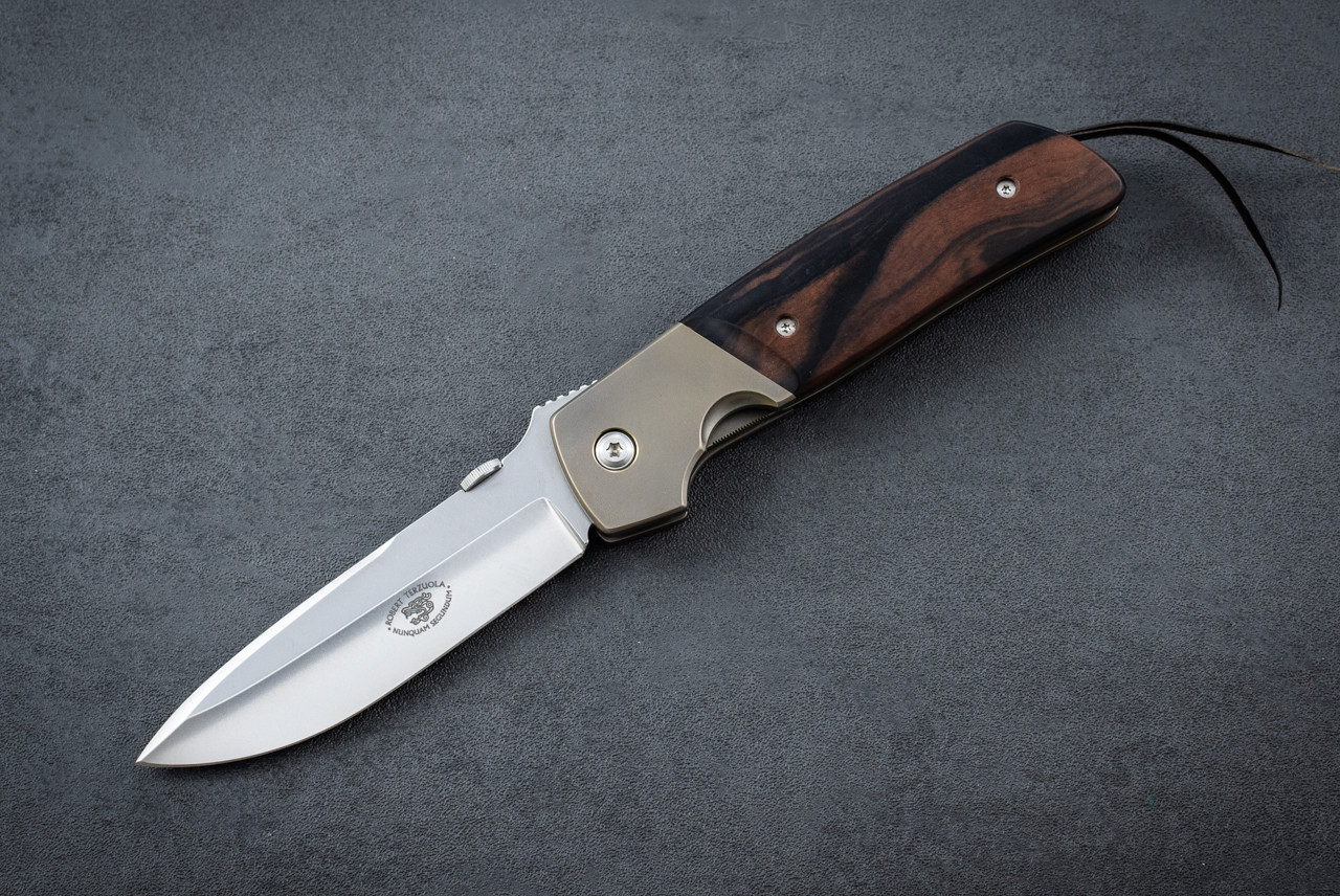 Robert Terzuola Custom ATCF Liner Lock Knife Satin Blade w/ Anodized Titanium Bolsters and Desert Ironwood Handle