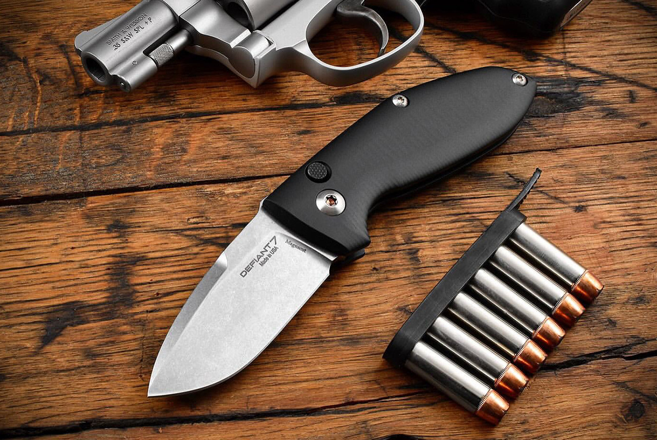 Defiant 7 Tom Krein Alpha Automatic Knife MagnaCut Stonewashed Blade w/ Black Aluminum Handles