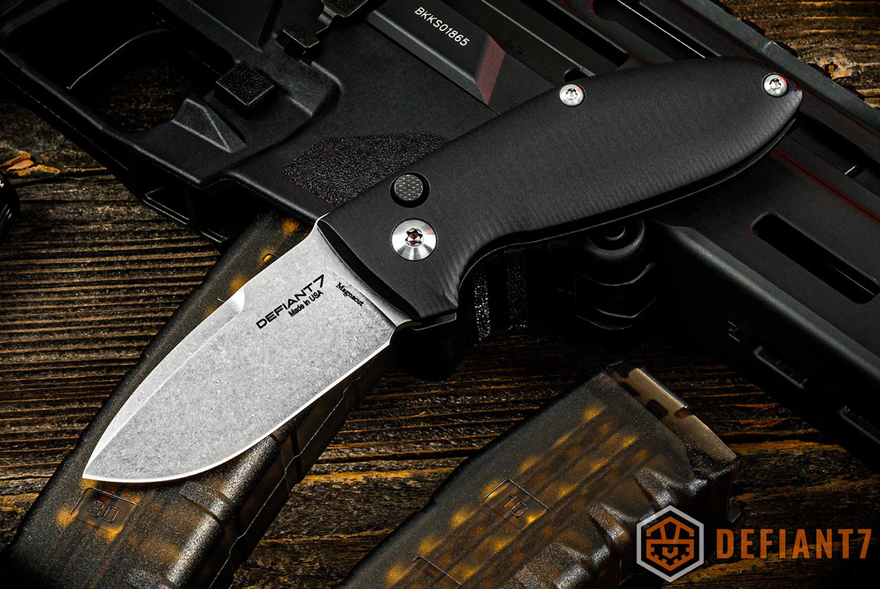Defiant 7 Tom Krein Alpha Automatic Knife MagnaCut Stonewashed Blade w/ Black Aluminum Handles