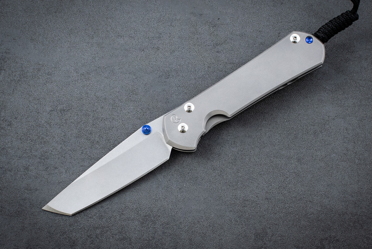 Chris Reeve Knives Skiff Mod Large Sebenza 31 Tanto MagnaCut Stonewash Blade w/ Zirblast Titanium Handle - Blue Thumb Lug