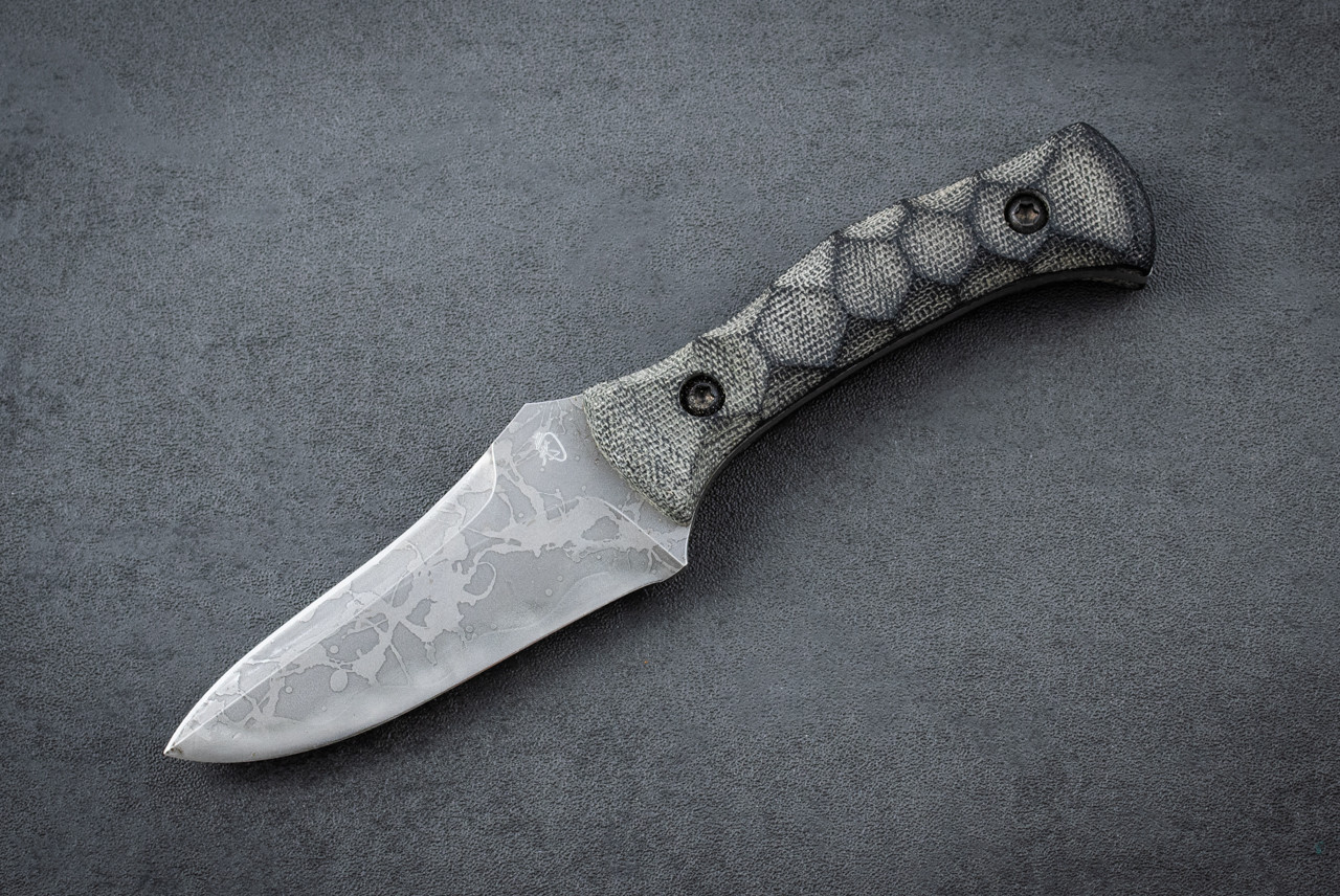 Matsuda Custom Knives 7.375" Fixed Blade Acid Etched w/ Sculpted Green Micarta Handles and Sheath