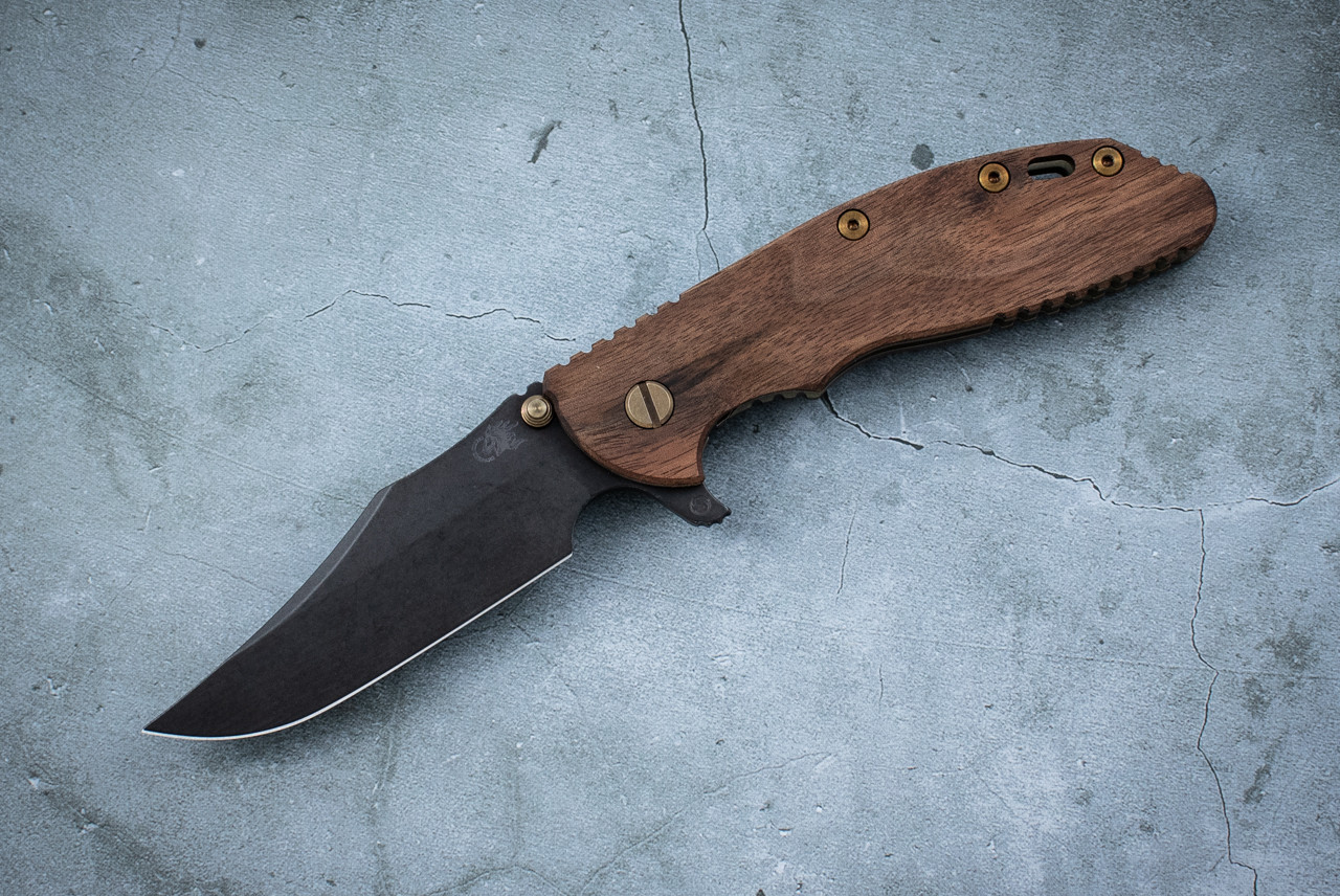 Rick Hinderer Knives XM-24 4.0" Skinny Bowie Vintage Series 1095 Black Blade w/ Green Frame Lock and Smooth Walnut Handle - #2088
