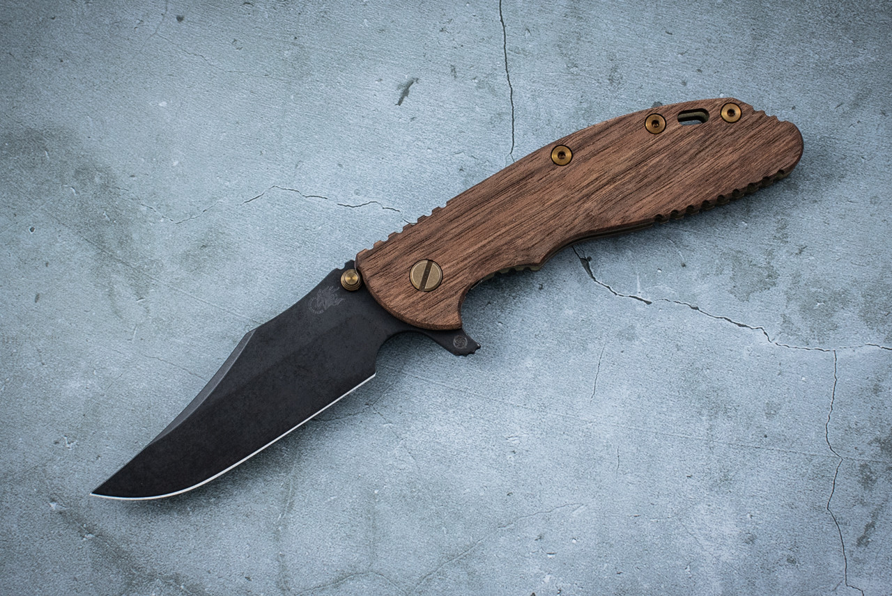 Rick Hinderer Knives XM-24 4.0" Skinny Bowie Vintage Series 1095 Black Blade w/ Green Frame Lock and Smooth Walnut Handle - #2194