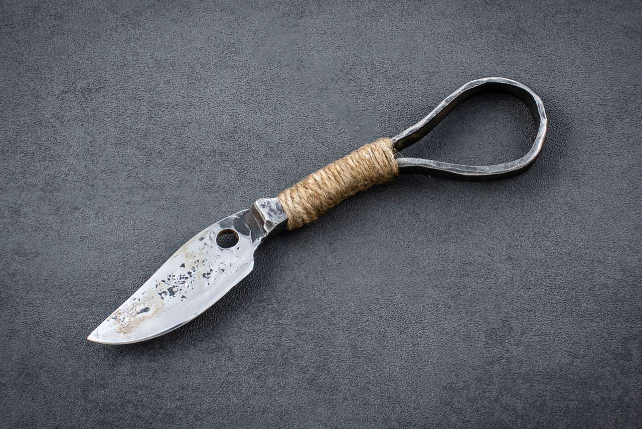 Fred Perrin Concept Custom Secateur Forged Fixed Blade Knife w/ Hemp Cord Wrapped Handle and Sheath