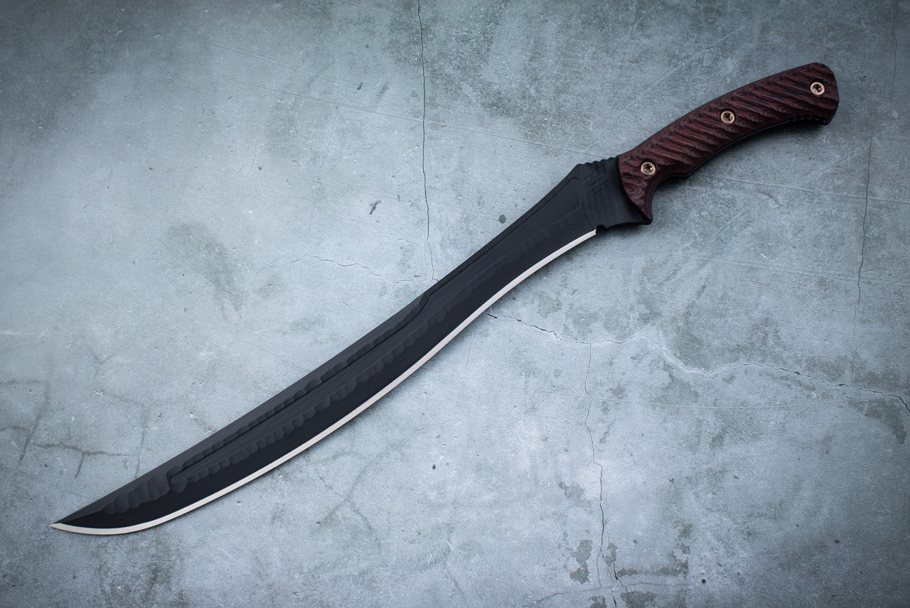 RMJ Tactical 3V Syndicate Wyvern Sword Hand Textured Black Blade w/ Black / Cherry G-10 Handle and Sheath