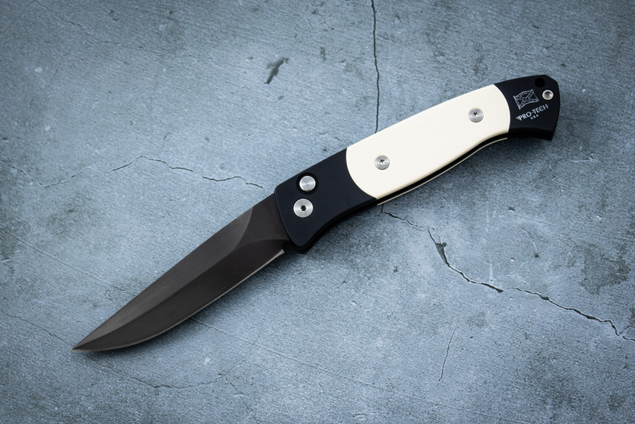 Protech Knives Brend 2 Small Tuxedo Automatic Knife Black Blade w/ Black Aluminum Handle and Ivory Micarta Inlays