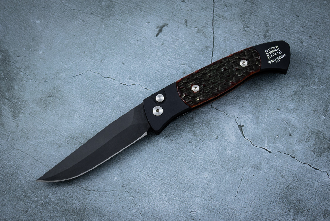 Protech Knives Brend 2 Small Automatic Knife Black Blade w/ Black Aluminum Handle and Jigged Bone Inlays