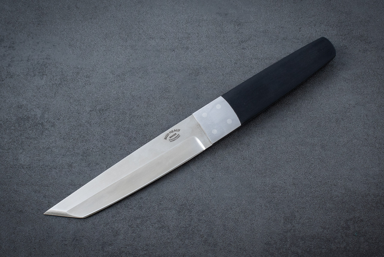 Bud Nealy Custom Aikuchi Fixed Blade Knife Tanto Satin Blade w/ Stainless Steel Bolsters Black Micarta Handles and Sheath