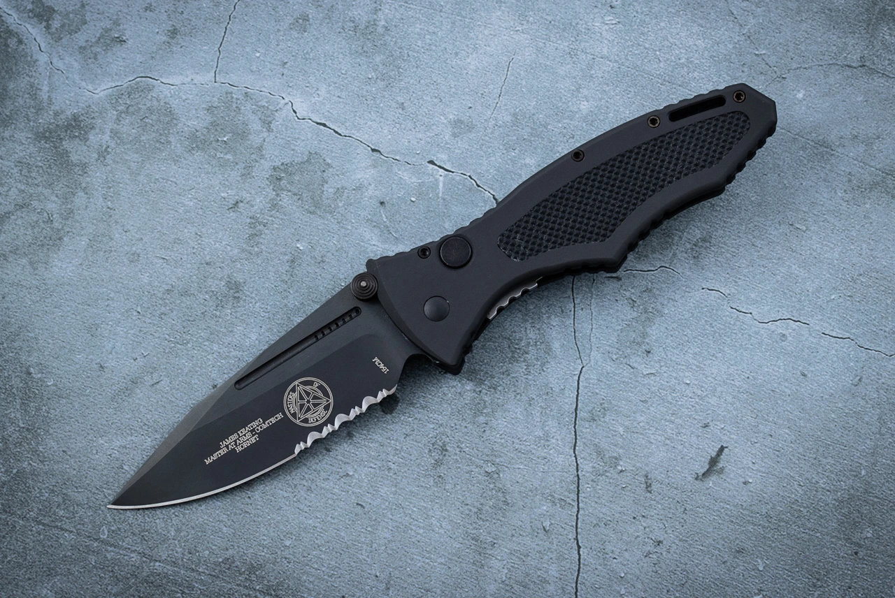 Masters of Defense James Keating Hornet Automatic Knife Black Blade Partially Serrated w/ Black Aluminum Handles and Pouch