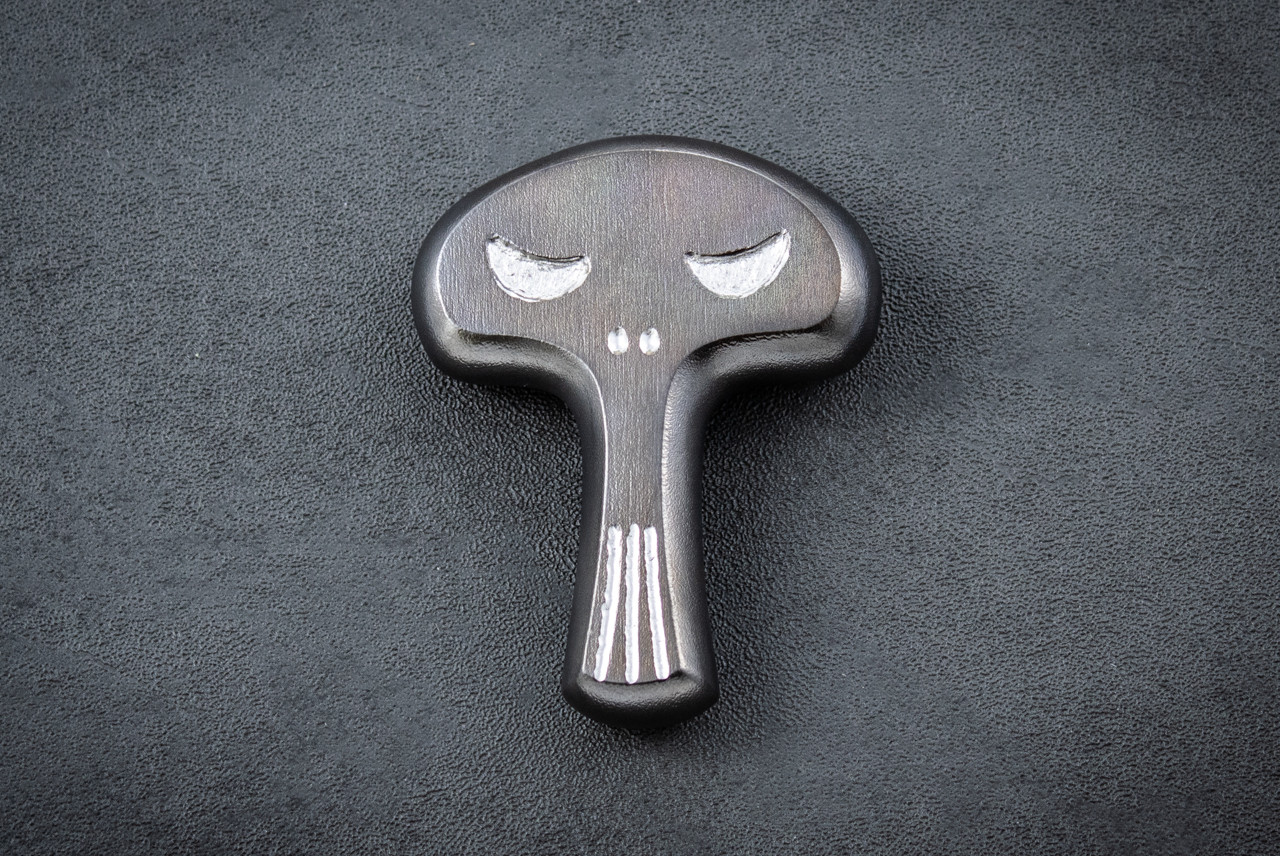 PBJ Handmade Knives Small Mushroom Blackened Titanium Punisher w/ Carved Skull 