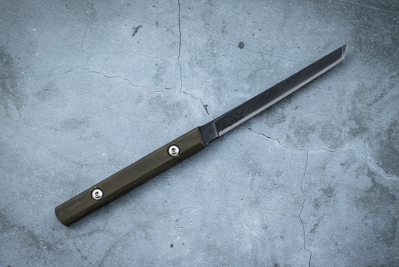 Koens Craft Mini Assassin Black Blade w/ Green Linen Micarta Handles and Sheath