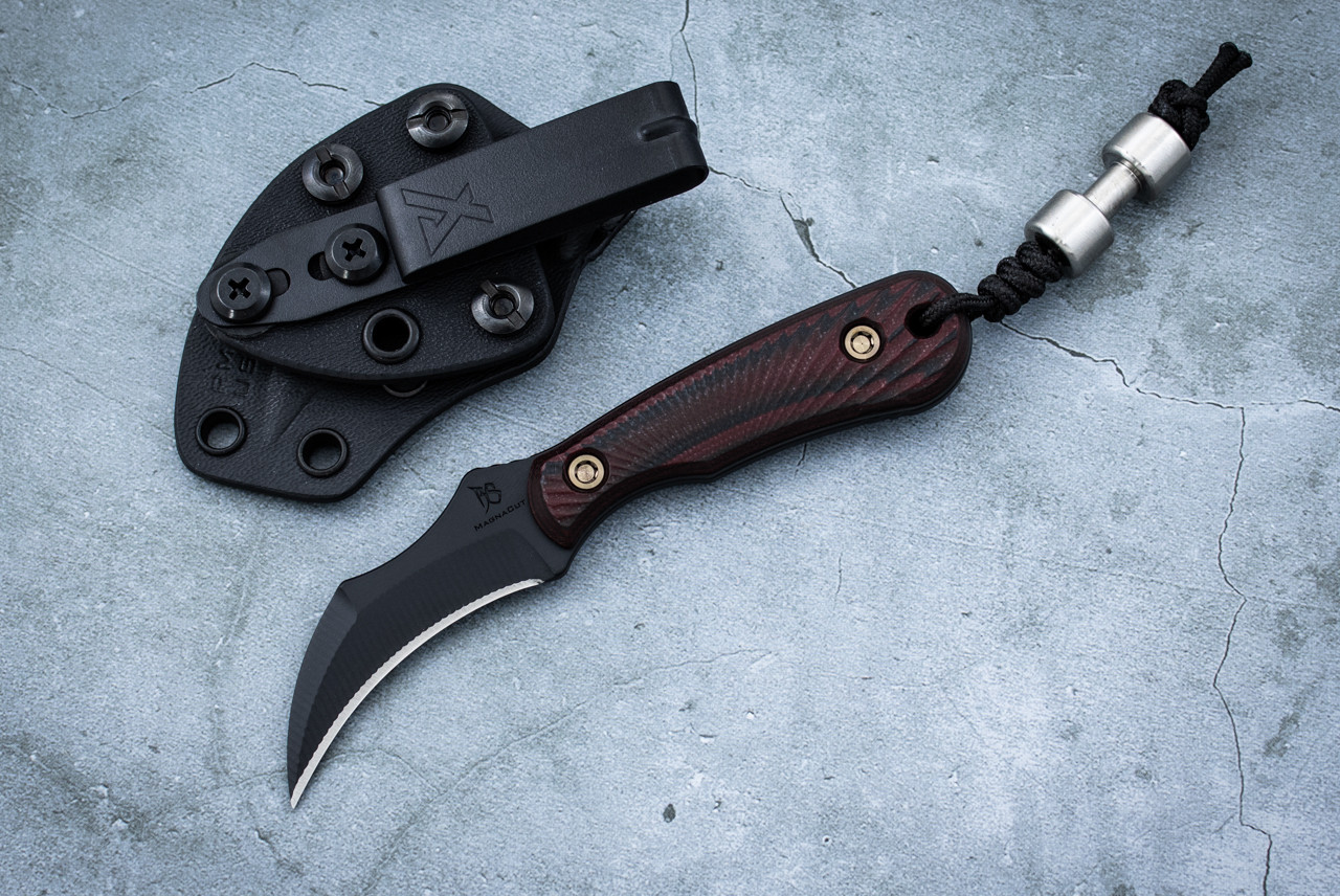 RMJ Tactical Gym Rat Knife MagnaCut Black Blade w/ Black / Cherry G-10 Handle and Sheath