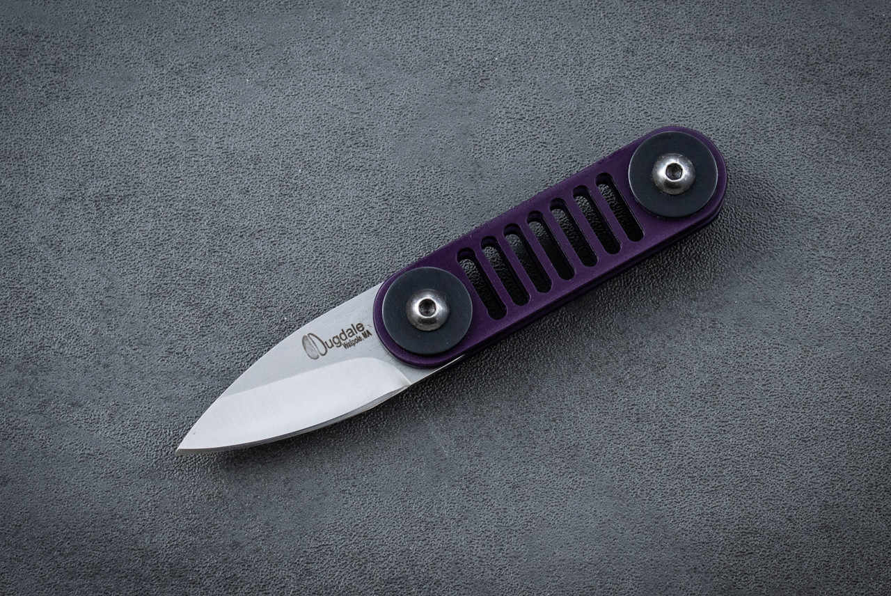 Dugdale Custom Knives Magnetic Folder Satin Blade with Purple Aluminum Skeletonized Handle - Black Pivot Collar