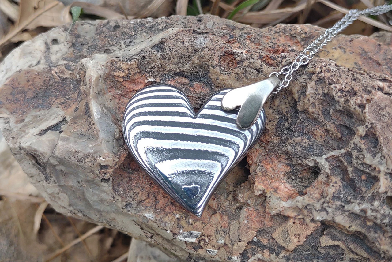 Audra Draper Chad Nichols Damascus Double Heart Pendant with Silver Bail