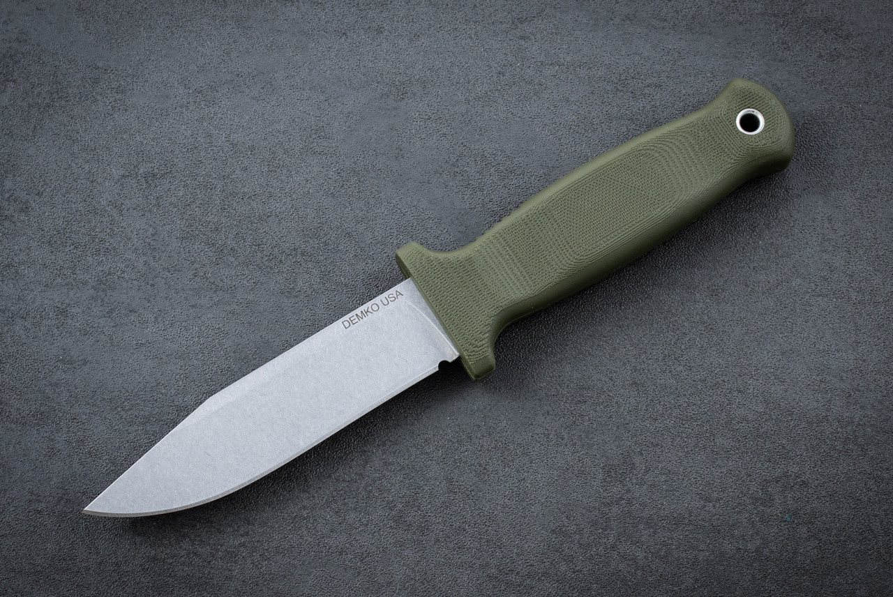 Demko Knives Armiger 4 Fixed Blade Knife Clip Point 3V Stonewashed Blade w/ OD Green Handle and Sheath - FACTORY SECONDS 