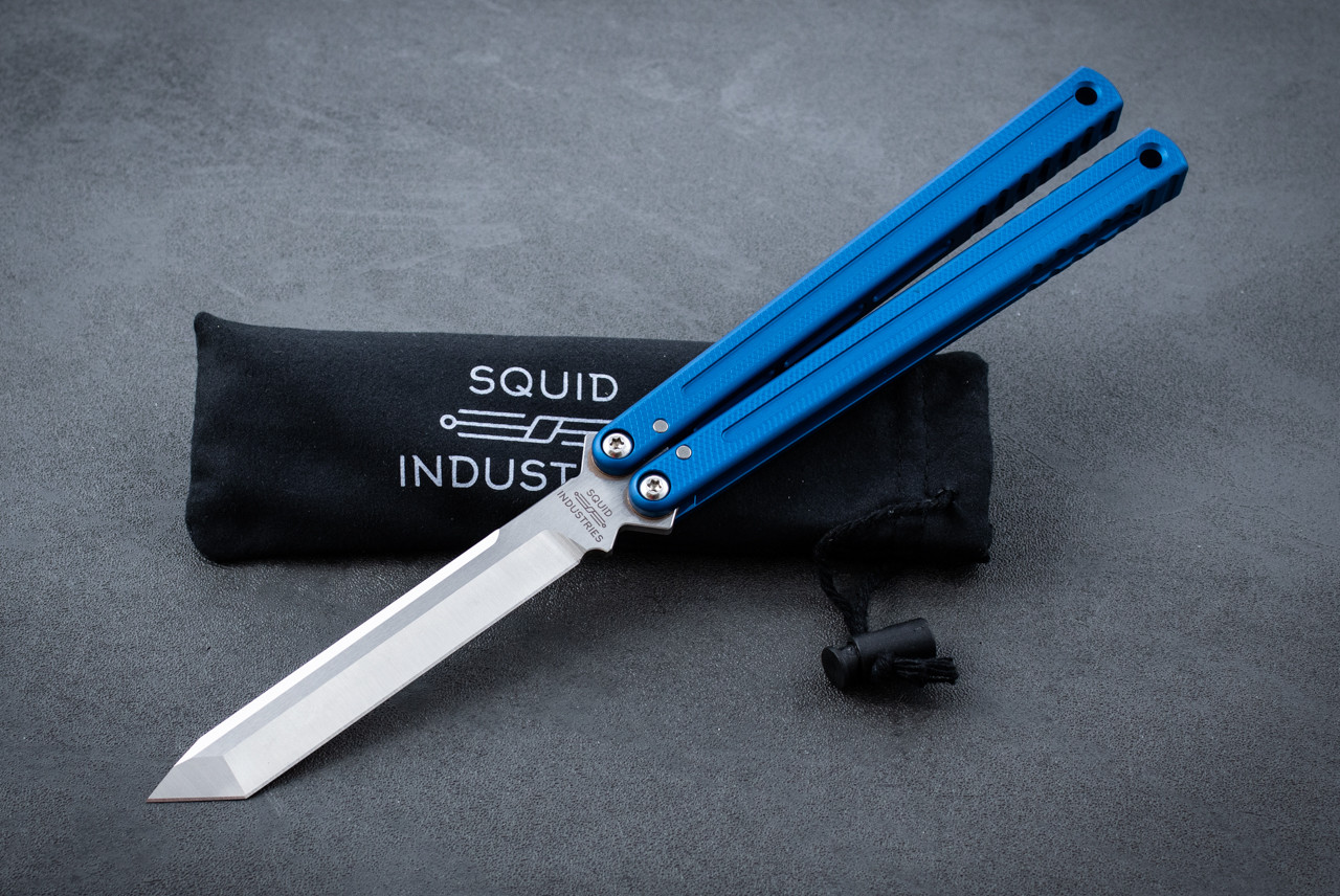 Squid Industries Krake Raken V3 Glide Edition Butterfly Balisong Tanto Satin Blade w/ Blue Aluminum Handle
