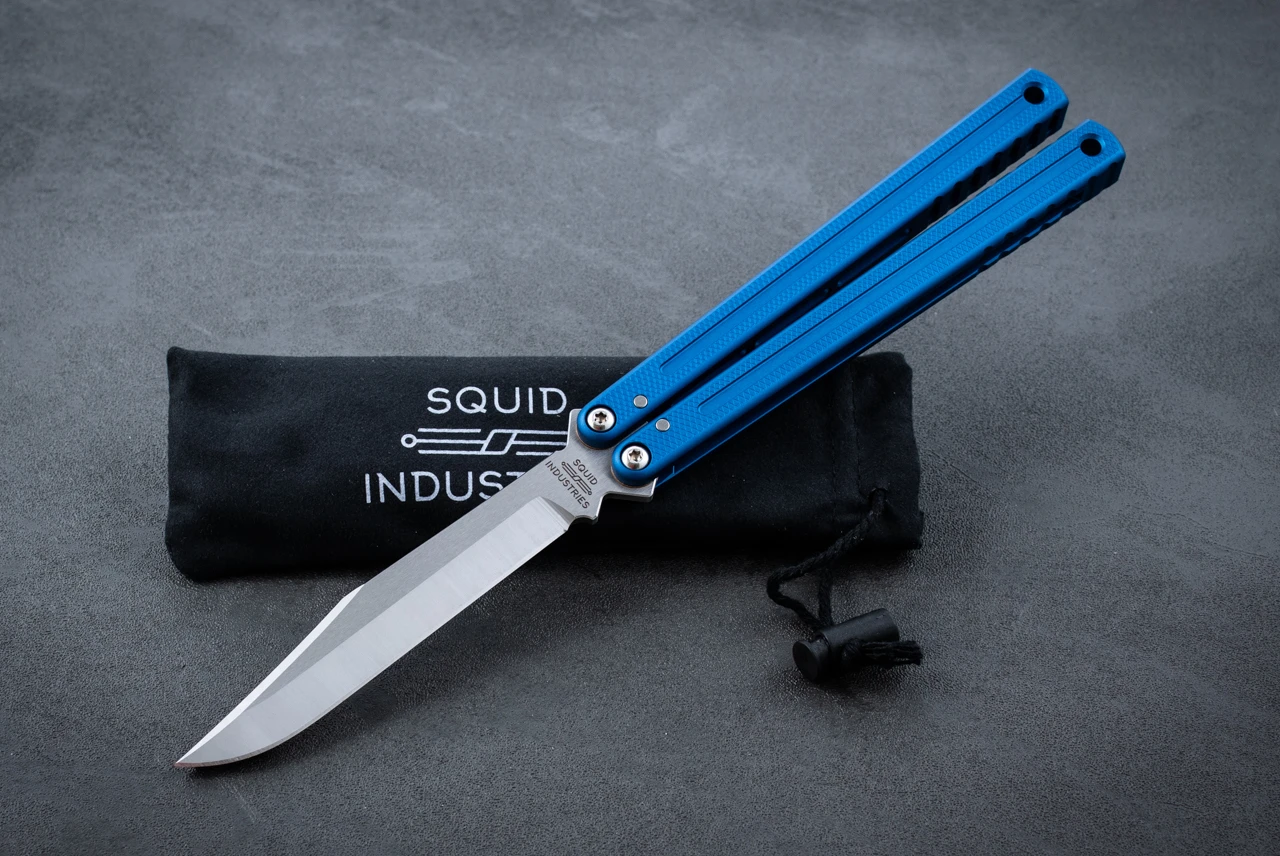 Squid Industries Krake Raken V3 Glide Edition Butterfly Balisong Bowie Satin Blade w/ Blue Aluminum Handle