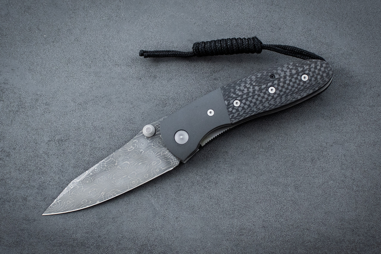 Microtech Knives Lightfoot Custom LCC Dual Action Automatic Knife Devin Thomas Damascus Blade w/ Titanium Bolsters and Carbon Fiber Handles