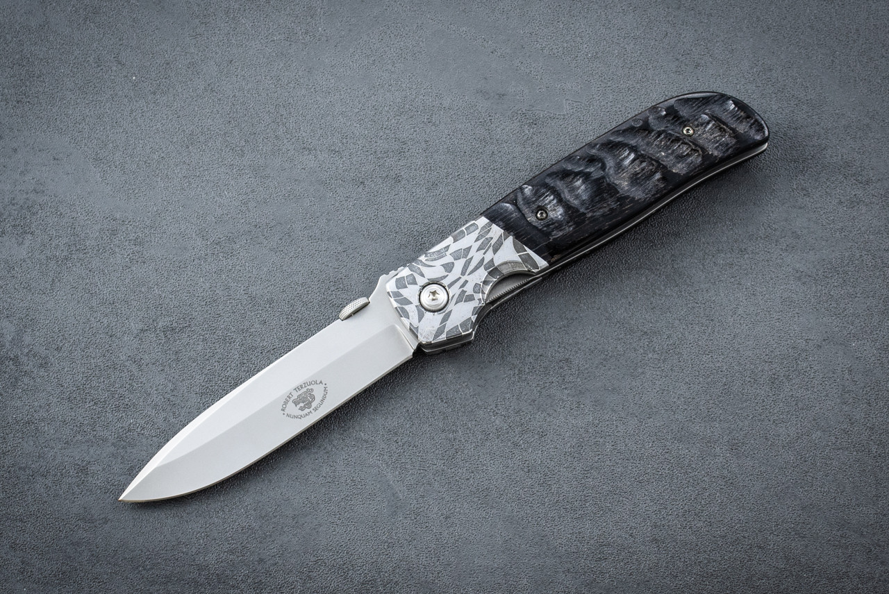 Robert Terzuola Custom TTF-3A Liner Lock Knife Satin Blade w/ Black Horn Handle
