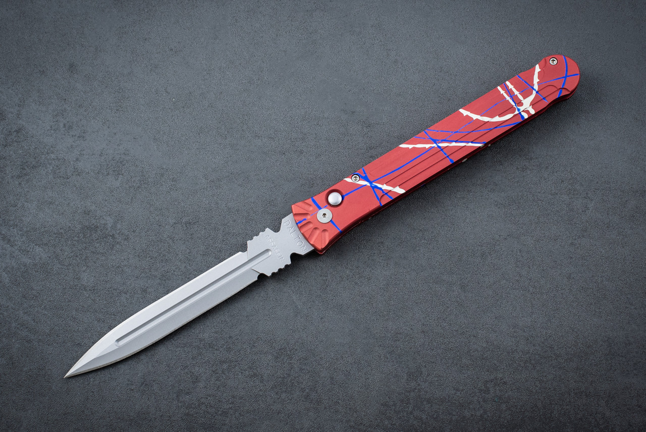 Rob Dalton Assassin Automatic Knife Bead Blast Blade w/ Red Splatter Aluminum Handle 