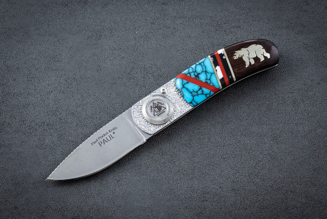 Lone Wolf Knives Paul Pocket Folder Wildlife Series Polished Blade w/ Blue Heaven Handle and Leather Sleeve 