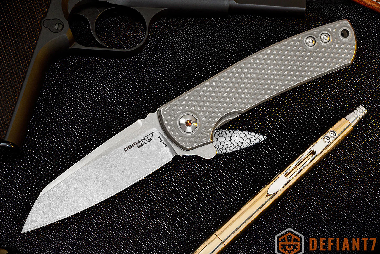 Defiant 7 Les George Servo Frame Lock Flipped Knife Stonewashed Blade and Diamond Pattern Titanium Handles