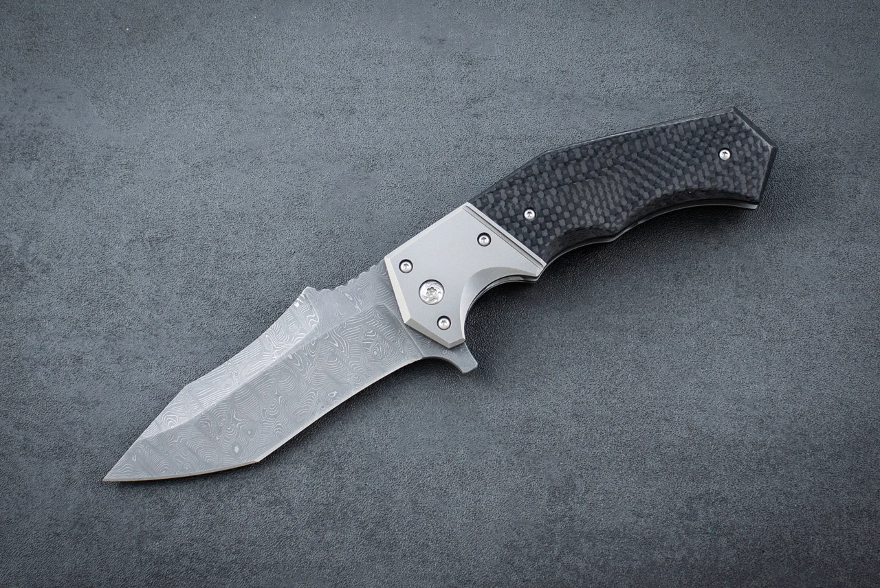 Randy Doucette Custom Interference Flipper Liner Lock Knife Damascus Blade w/ Titanium Bolsters and Carbon Fiber Handle 
