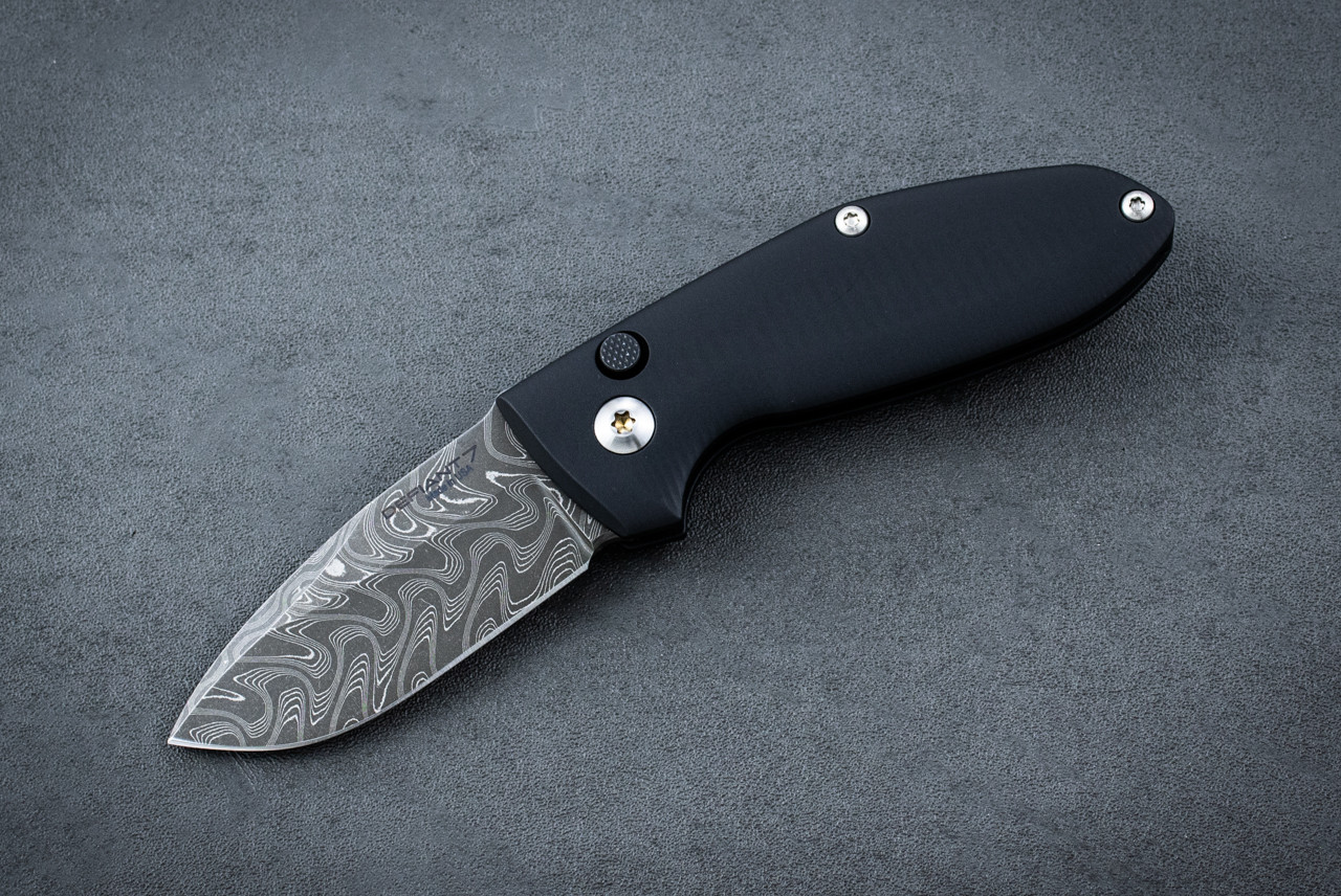 Defiant 7 Tom Krein Alpha Automatic Knife Hand Ground Boomerang Damascus Blade w/ Black Aluminum Handles