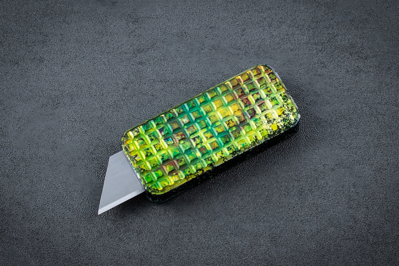 Rivery MFG CadLabCNC Collaboration Zero Utility Knife USA Made Grenade Pattern Nebula Anodized Aluminum Handle w/ Lanyard Hole