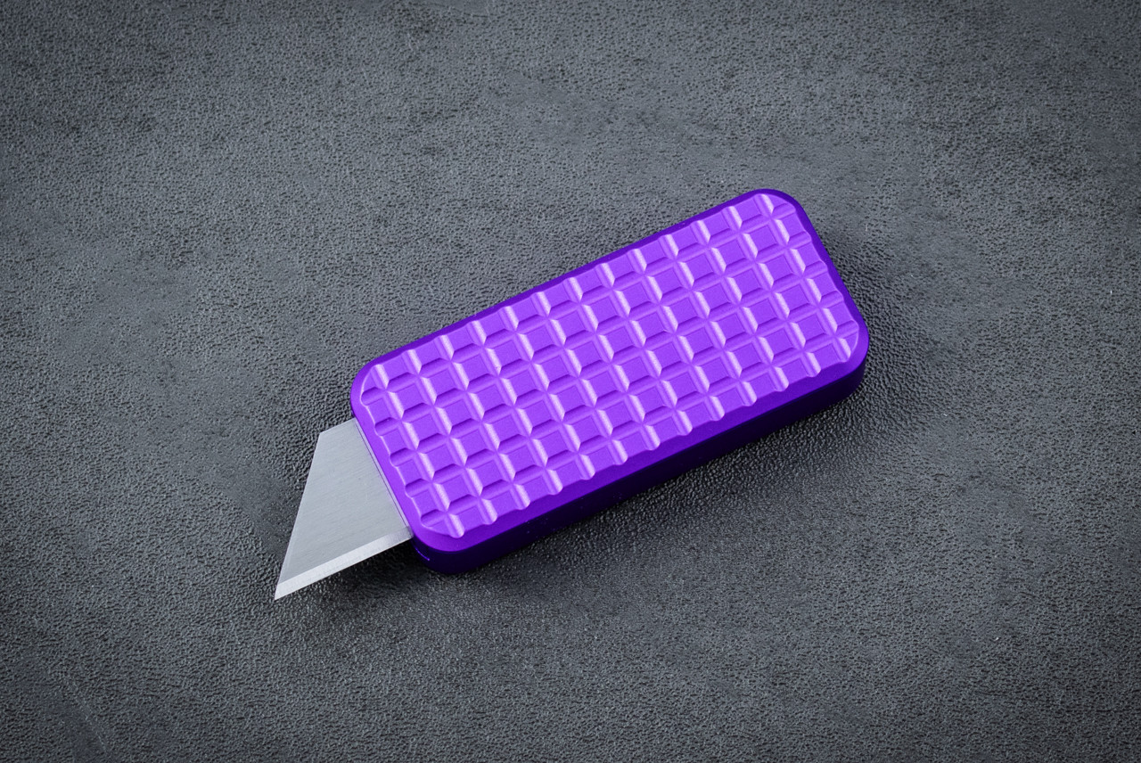 Rivery MFG CadLabCNC Collaboration Zero Utility Knife USA Made Grenade Pattern Purple Anodized Aluminum Handle w/ Lanyard Hole