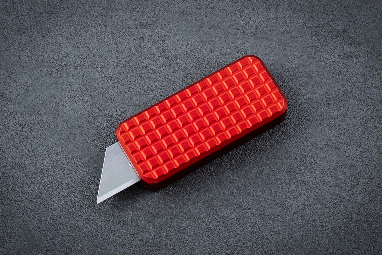 Rivery MFG CadLabCNC Collaboration Zero Utility Knife USA Made Grenade Pattern Red Anodized Aluminum Handle w/ Lanyard Hole