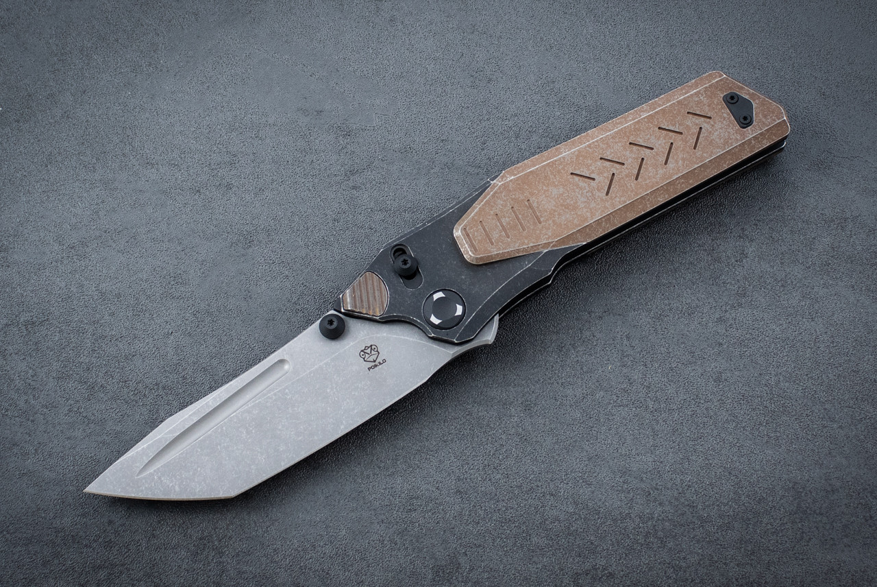 Poikilo Blade TAS-CyberKuza S2 Folding Knife Dark Stonewash Blade w/ Rusty Tank Titanium Handle