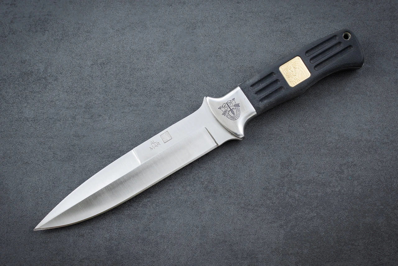 Al Mar Knives SERE V 3005A Rubber ST Fixed Blade Knife Satin Blade w/ Stainless Bolsters Special Forces Emblem / Black Polymer Handle and Leather Sheath