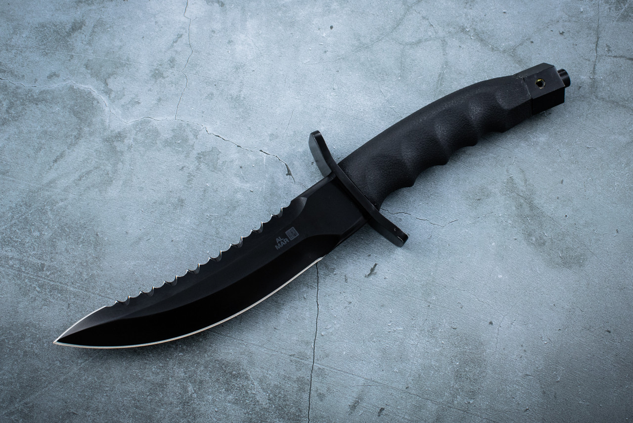 Al Mar Knives Vintage Seki Japan Black Warrior Fixed Blade Knife Black Blade w/ Black Rubber Handle & Leather Sheath