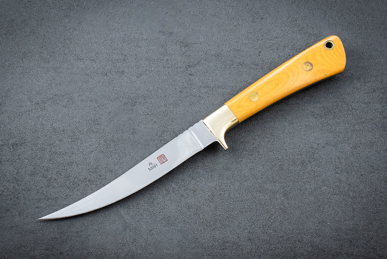 Al Mar Knives 5003 Fisher Fixed Blade Knife Satin w/ Micarta Handle and Leather Sheath