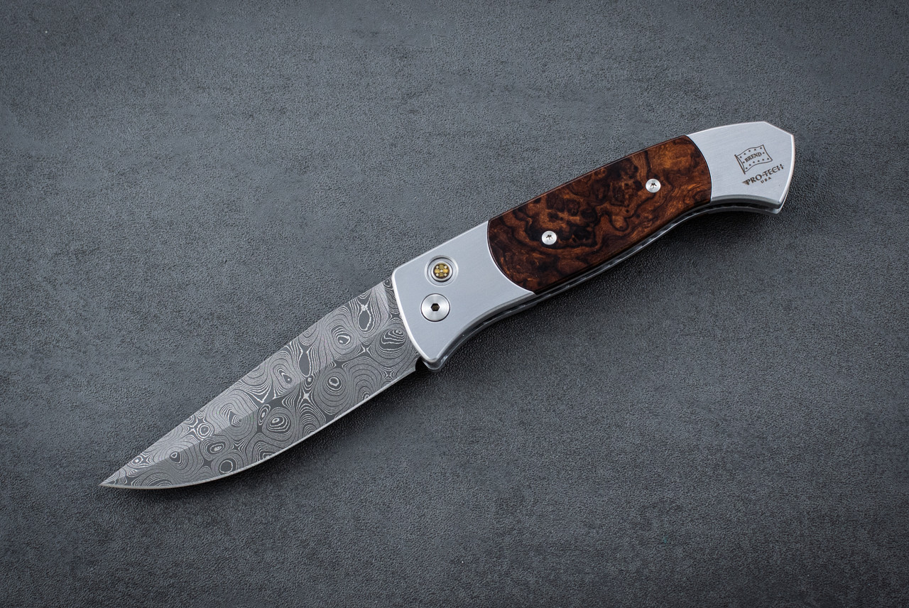 Protech Knives Brend 3 Medium Automatic Knife Chad Nichols Damascus Blade w/ Satin Aluminum Handle and Ironwood Inlays - 1360-DIW 