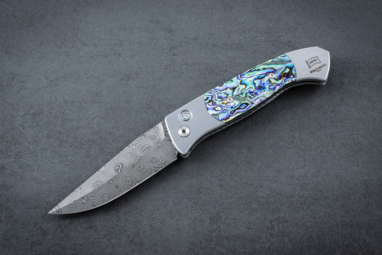 Protech Knives Brend 3 Medium Automatic Knife Chad Nichols Damascus Blade w/ Satin Aluminum Handle and Abalone Inlays - 1360