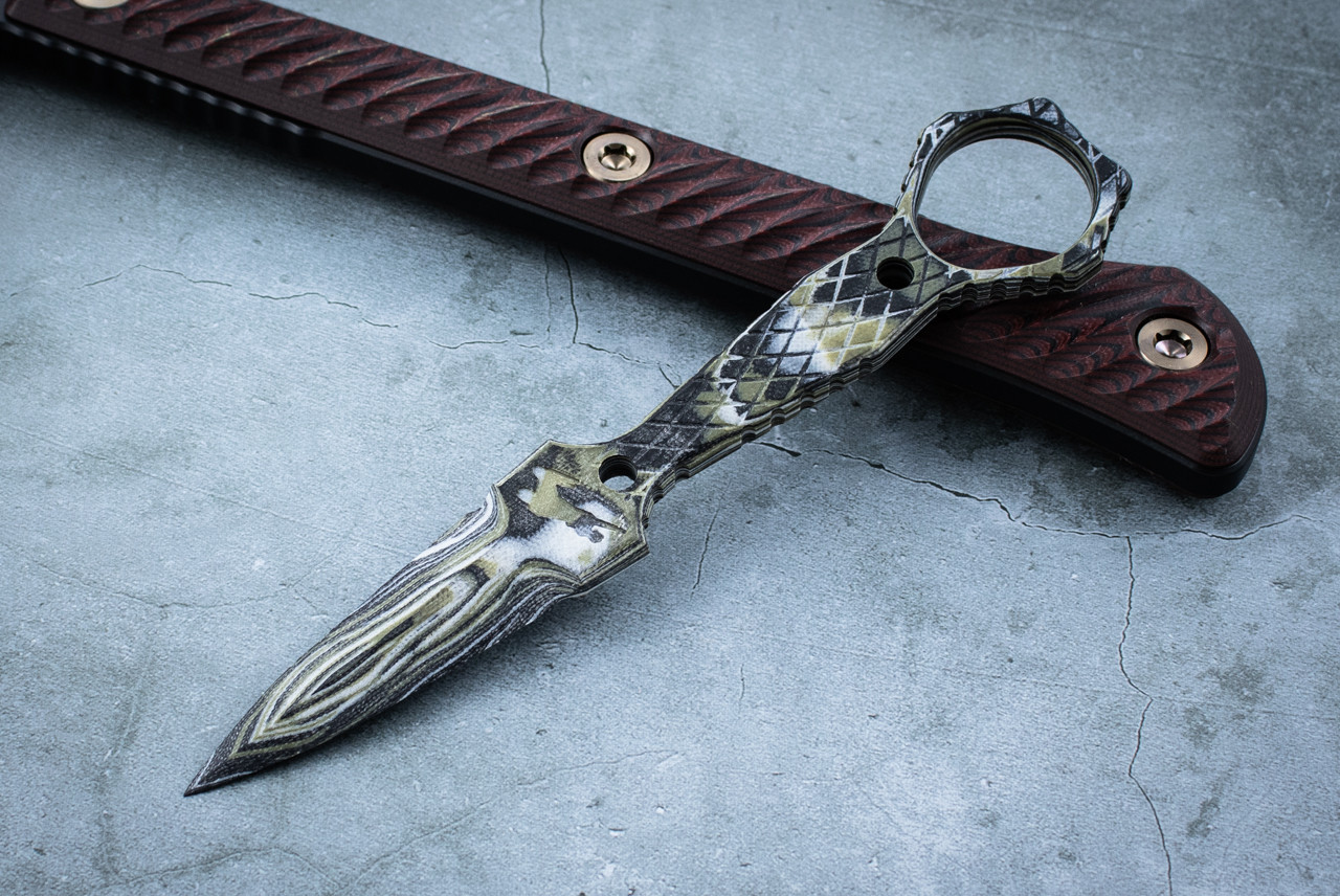 Bawidamann Design Needle Dagger Fixed Blade Knife VZ Grips Fishnet Pattern Milspec Camo G-10 Handles w/ Leather Sheath