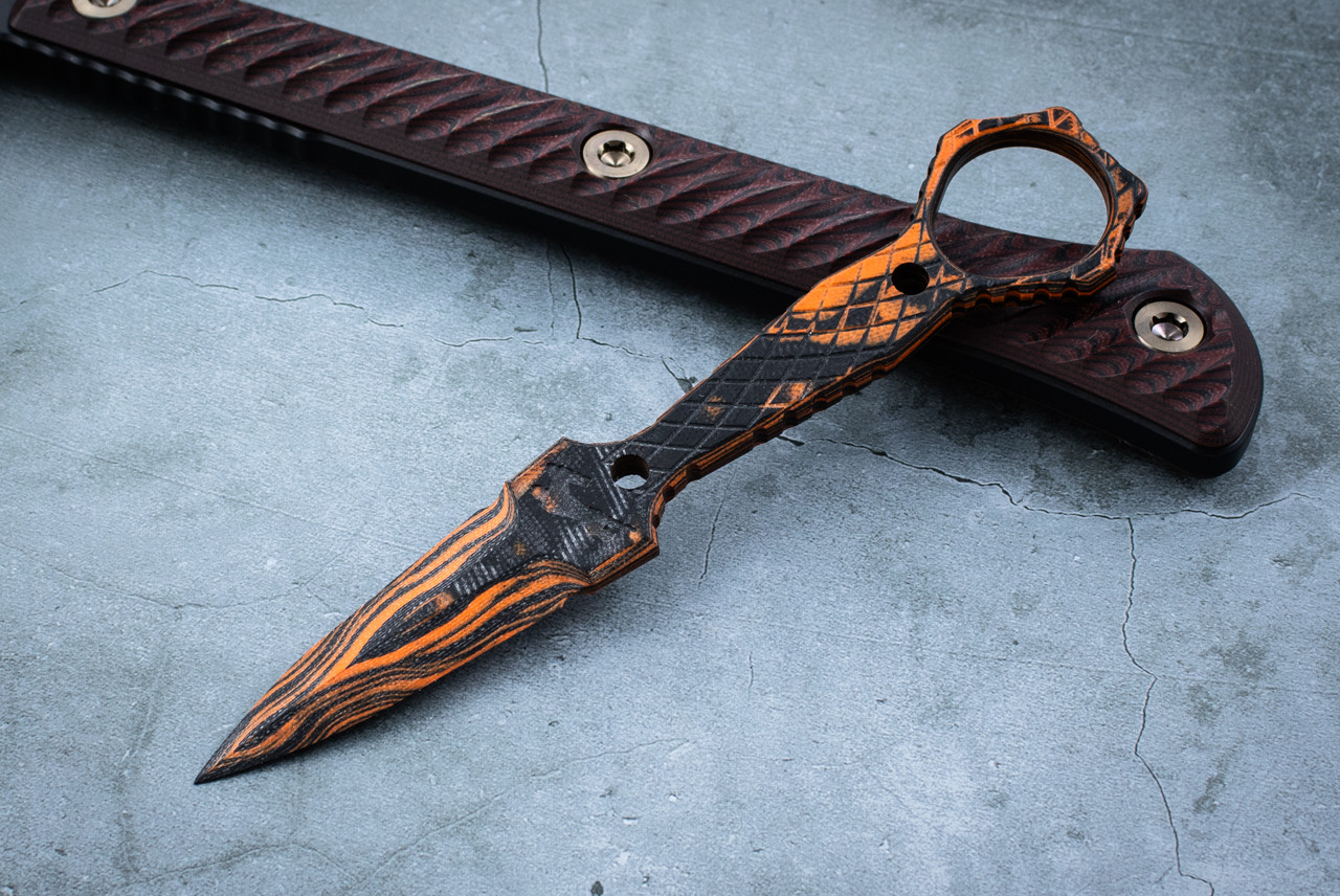 Bawidamann Design Needle Dagger Fixed Blade Knife VZ Grips Fishnet Pattern Black / Orange Camo G-10 Handles w/ Leather Sheath