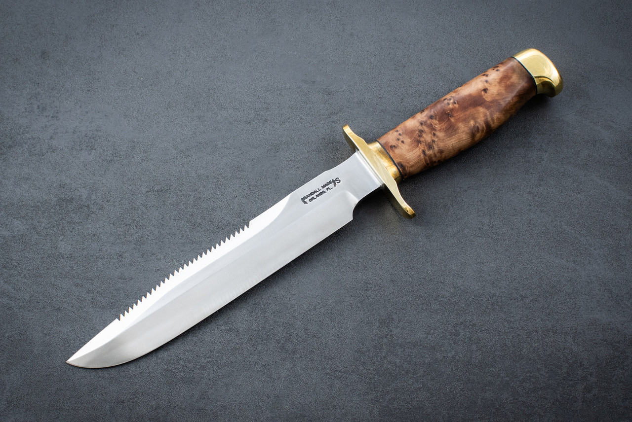 Randall Made Knives Model 1-8" All Purpose Fighting Knife Fixed Blade Stainless Steel Polished Blade w/ Burl Handle and Leather Sheath