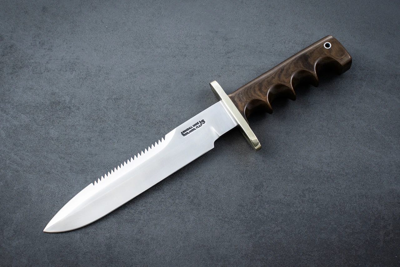 Randall Made Knives Model 14-7 1/2" "Attack" Fixed Blade knife Stainless Steel Polished Blade Sawtooth Top Bevel w/ Green Micarta Finger Grips Handle and Leather Sheath