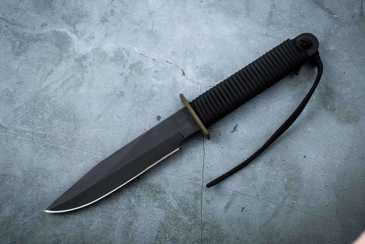 EK Knives PB-5 Commando Bowie Fixed Blade Knife Black Finish w/ Cord Wrapped Handle and Sheath