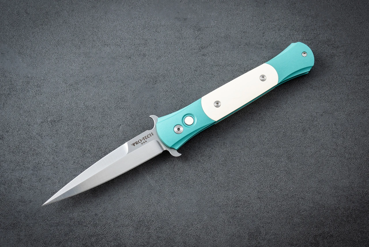 Protech Knives The Don Automatic Knife Satin Blade w/ Teal Aluminum Handles and Ivory Micarta Inlays - 1751-TEAL