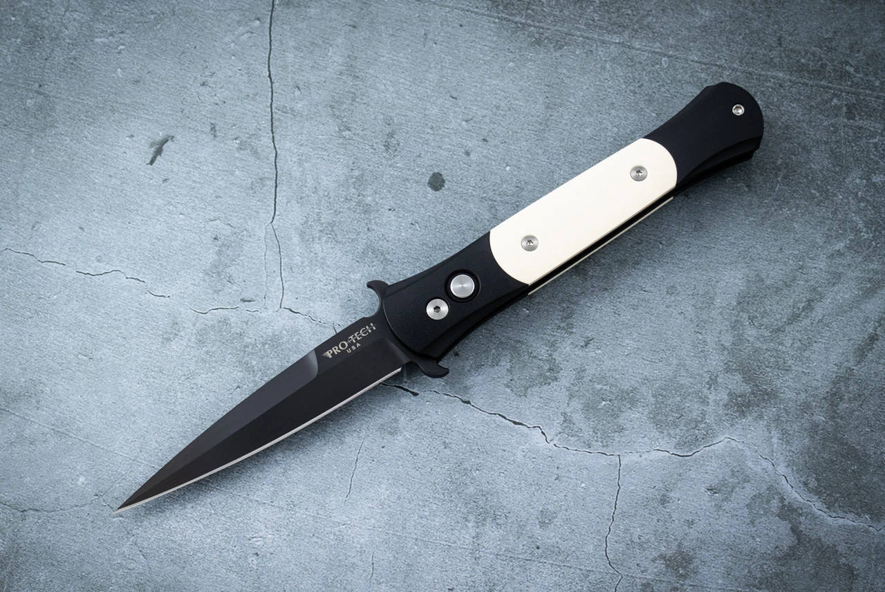 Protech Knives The Don "Tuxedo" Automatic Knife Black Blade w/ Black Aluminum Handles and Ivory Micarta Inlays - 1752