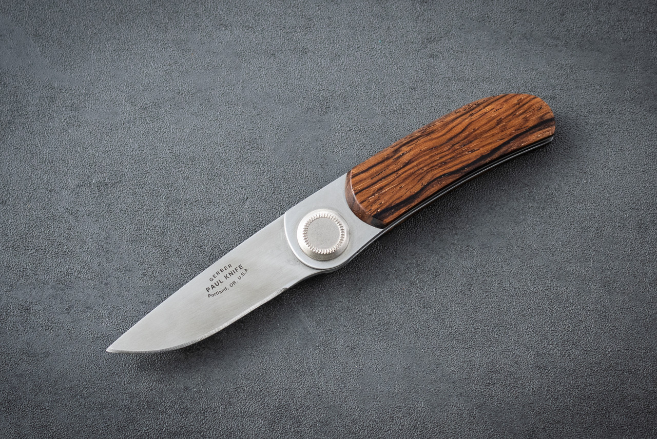 Gerber Legendary Blades Paul Folding Knife Model 2PW Satin Blade w/ Cocobolo Handles and Leather Pouch