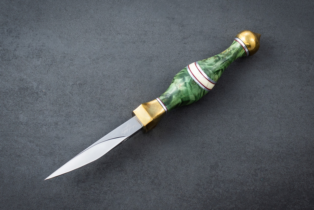 Rod Chappel Defense Spike S/N 33 Mirror Polished Blade w/ Green Burl Handle